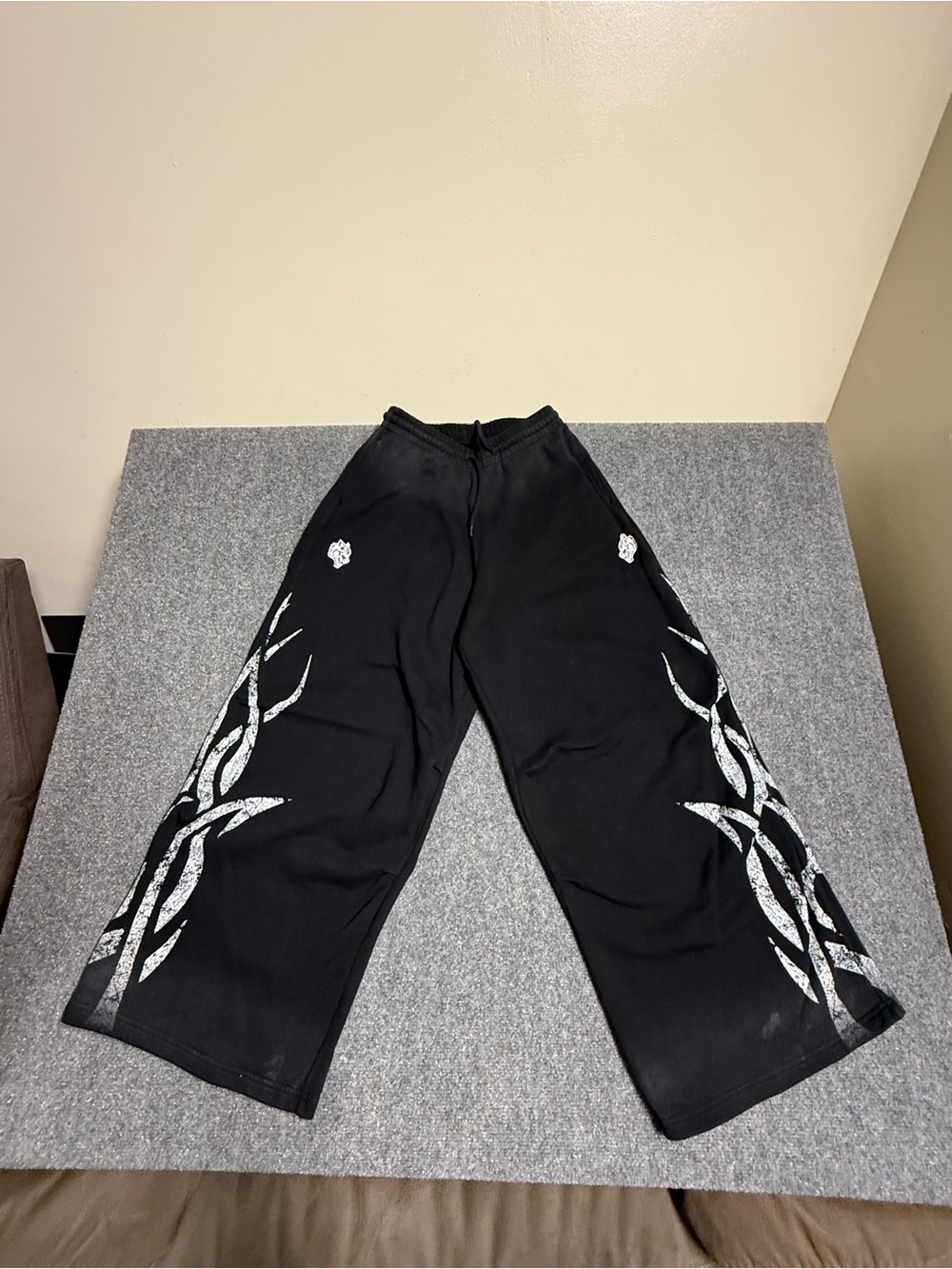 Men's Black Wide-Leg Sweatpants with Silver Tribal Side Graphics